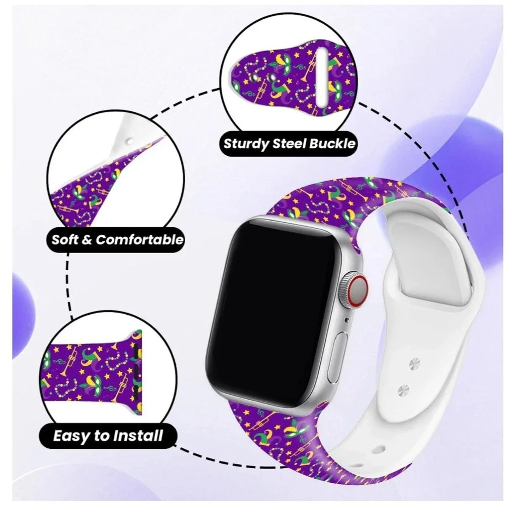 Mardi Gras Carnival Silicone Apple Watch Band 42/44/45/49mm Purple Mask Pattern